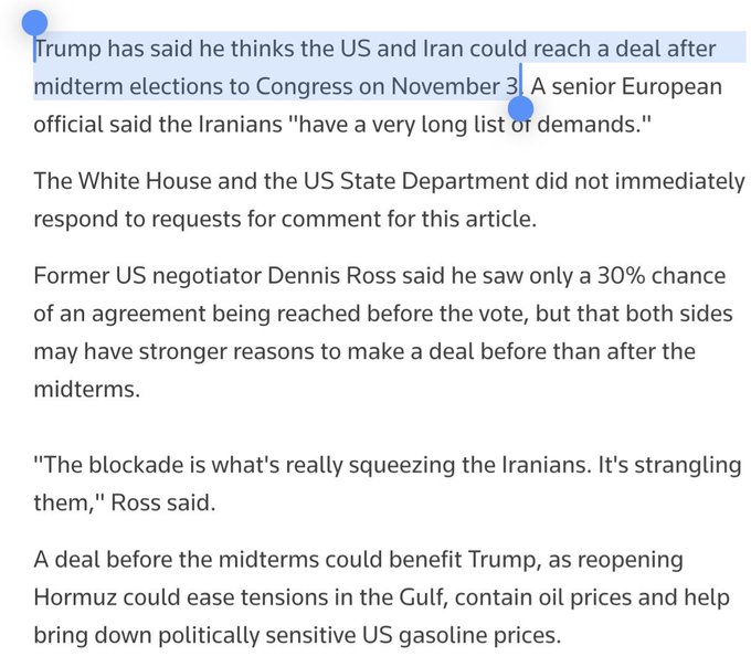 The image shows a news article excerpt discussing Trump's comments on potential US-Iran negotiations after the November 3 midterm elections, featuring quotes from a senior European official and former US negotiator Dennis Ross (who estimated only a 30% chance of agreement before the vote), and noting that a pre-midterm deal could ease Gulf tensions and lower US gasoline prices—directly contextualizing the sudden $SPY/$QQQ market movement mentioned in the post.