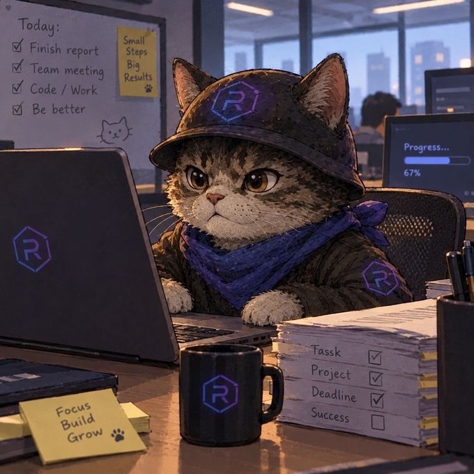 A determined cat wearing an "R" branded cap and bandana works intently at a laptop, with a progress bar showing 67% and a checklist of tasks (Tassk, Project, Deadline, Success) and motivational notes like "Focus Build Grow" scattered around the desk.

The image cleverly ties to the post by depicting an "R" logo (Raydium) on the cat's hat, mug, and laptop, promoting the Solana-based Raydium ecosystem as the "stonk ecosystem" with RayCat as its mascot.