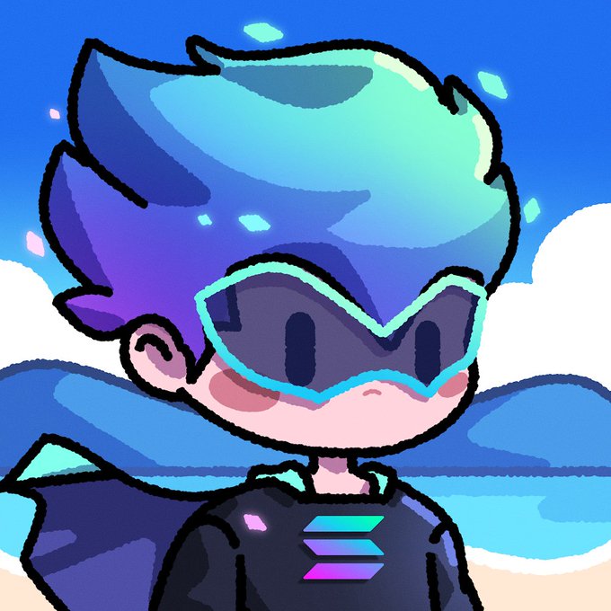 A cartoon-style illustration of a character with teal hair, wearing futuristic VR-style sunglasses and a dark jacket, set against a blue sky background.