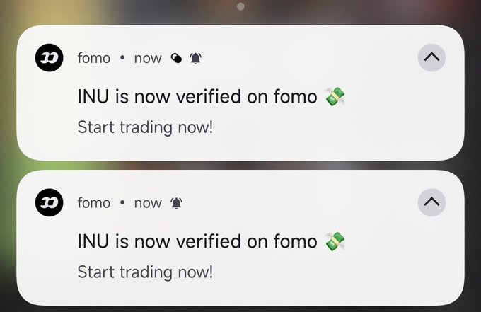 Two duplicate Telegram notification cards from the channel 'fomo' announcing 'INU is now verified on fomo 💸 Start trading now!'