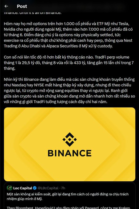A mobile screen capture in Vietnamese discusses Binance offering options on US stocks and ETFs, featuring a yellow image with the Binance logo.