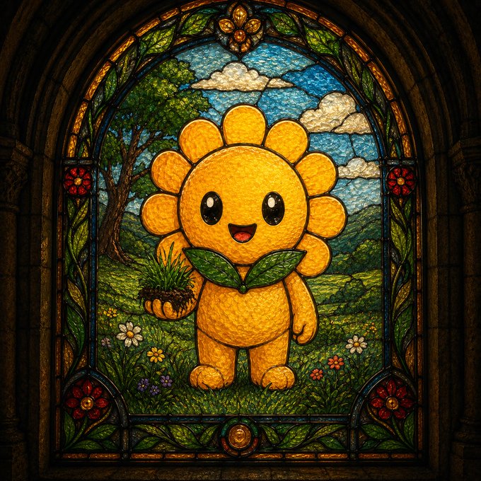 A stained glass window depicting a smiling sunflower character holding a potted plant in a lush meadow.