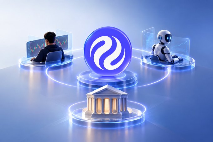 Digital illustration showing a central purple logo connecting a person at a computer, a robot, and a classical building structure on glowing platforms.