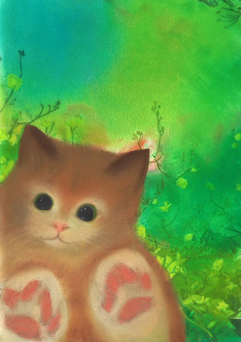 A digital painting of an orange tabby kitten with large eyes, sitting against a dreamy green floral background with pink accents on its paws.