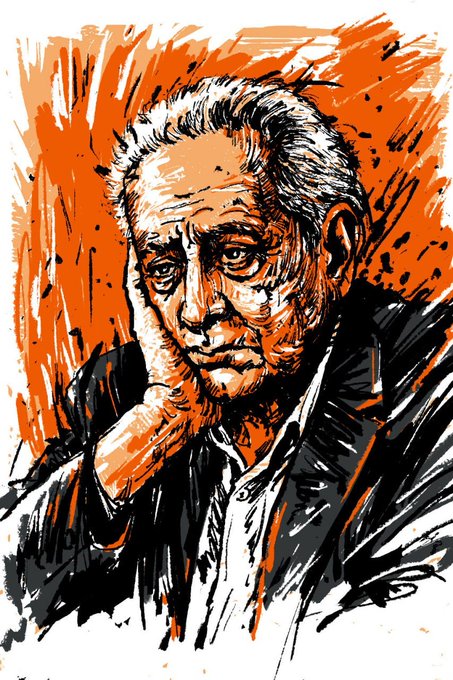 Stylized digital artwork/portrait illustration of an older man resting his face on his hand with a contemplative, melancholic expression, rendered in orange and black tones.