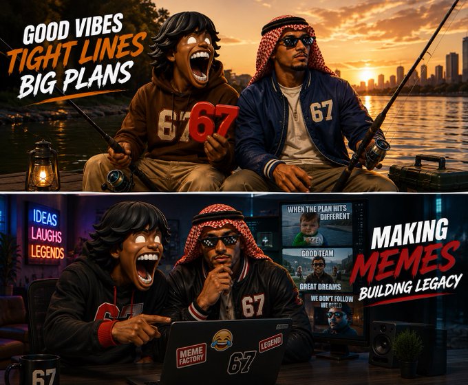 A promotional graphic split into two scenes featuring two stylized characters wearing '67' apparel, promoting 'Good Vibes Tight Lines Big Plans' and 'Making Memes Building Legacy' with a 'Meme Factory' laptop.