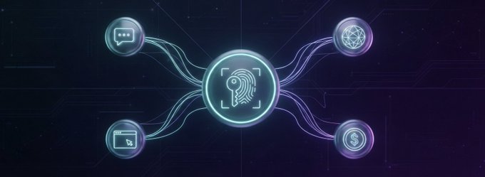 A digital graphic showing interconnected icons including a fingerprint scan, chat bubble, globe, browser window, and dollar sign, with glowing lines connecting them on a dark background.