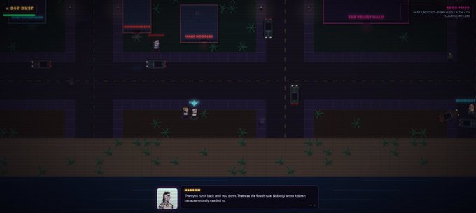 A top-down pixel art video game scene set on a city street at night, featuring cars, buildings like 'YOUR HEROES' and 'THE VELVET HOUR', and a dialogue box from 'MASON' discussing a boat trip.