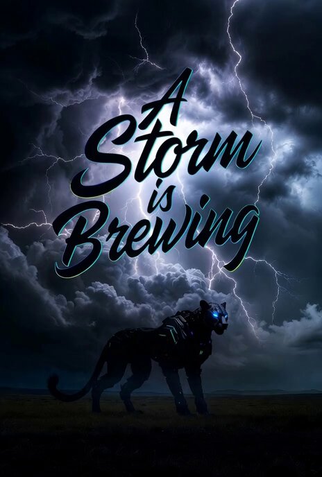 The image features a poster with a black panther standing in front of a stormy sky, which has lightning bolts. The text "A Storm Is Brewing" is written above the panther's head, and there are two additional lines of text below the panther that read "SOLSUDU is built for speed, powered by Solana, and ready to hunt." The poster seems to be promoting a meme or an advertisement related to storms.