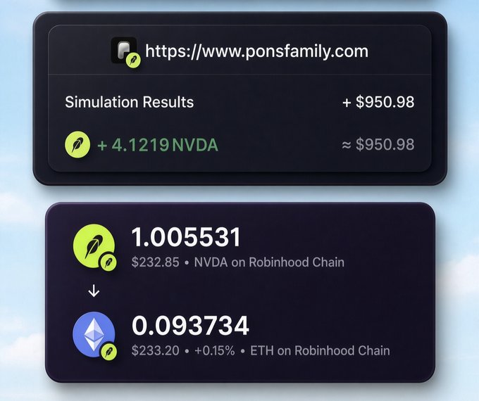 The image shows a website (https://www.ponsfamily.com) displaying cryptocurrency simulation results, including "+ 4.1219 NVDA" valued at approximately $950.98, along with exchange rates for 1.005531 NVDA ($232.85) and 0.093734 ETH ($233.20) on Robinhood Chain. The screenshot appears to be used to promote a "trick" for earning quick money through memecoin trading, though the unrealistic gains and vague method described in the post are common hallmarks of a crypto scam.