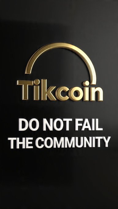 A dark graphic features a gold headphone-shaped logo with the text "Tikcoin" and bold white lettering below reading "DO NOT FAIL THE COMMUNITY," reinforcing the post's criticism of the Tikcoin team's lack of follow-through and broken promises to its supporters.