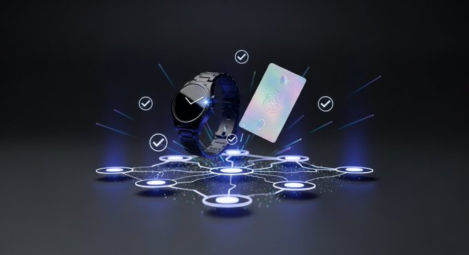 The image features a watch with a credit card reader attached to it, surrounded by various symbols and icons related to cryptocurrency and blockchain technology. The watch has a black band and a silver face, while the credit card reader displays a blue light and a white light. The background of the image is dark gray, providing a stark contrast that makes the elements in the foreground stand out.

The post discusses the evolution of trust layers on the Ethereum blockchain, with a focus on the verification process for verifying the authenticity of items like Rolex watches or PSA 10 Charizard cards. The symbols and icons present in the image are likely related to this discussion, as they represent different aspects of the cryptocurrency and blockchain technology landscape.