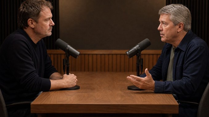 Two men sit across from each other at a wooden table in a podcast studio setting, each with a microphone in front of them.
