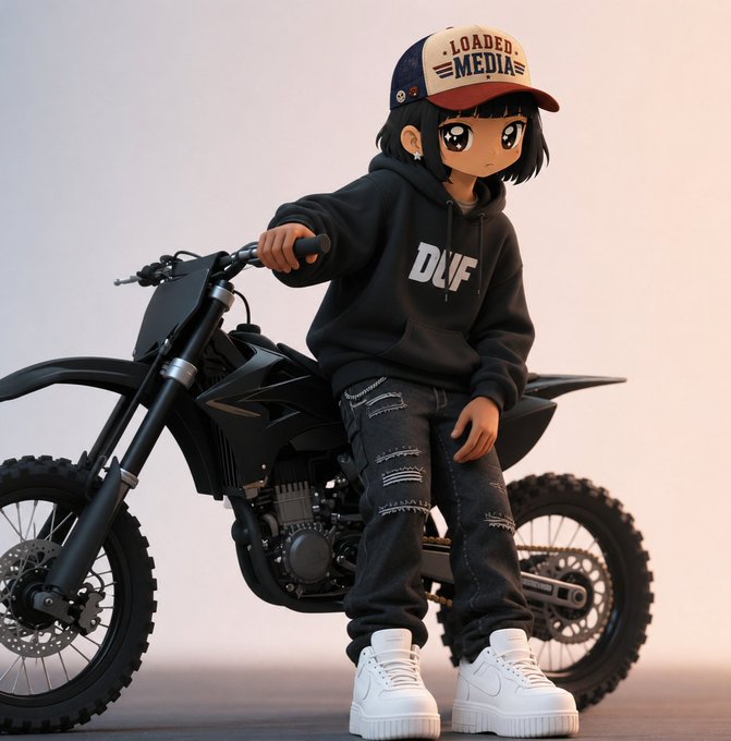 A 3D-rendered anime-style character wearing a 'LOADED MEDIA' cap, a black 'DNF' hoodie, and white sneakers stands next to a black dirt bike.
