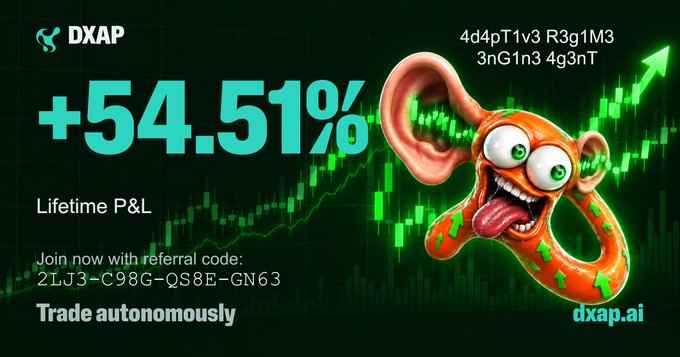 A promotional banner for DXAP showing a +54.51% lifetime P&L claim with a referral code '2LJ3-C98G-QS8E-GN63' and a cartoon meme character with a stock chart emerging from its head.