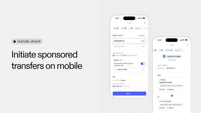 A feature update graphic titled 'Initiate sponsored transfers on mobile' displays two smartphone screens showing a crypto wallet transfer interface with a 30,202.23 USDC transaction.