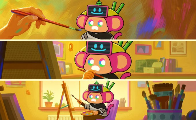 Three illustrated panels featuring a pink monkey-like character wearing a smiling TV-shaped hat, progressively shown painting at an easel in a colorful art studio.