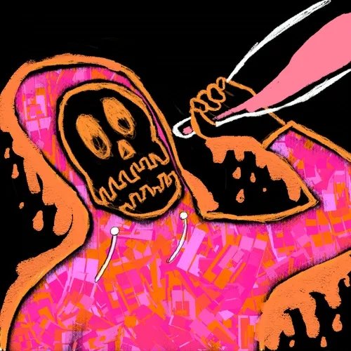 A menacing orange-and-pink hooded reaper figure with a skull face and exposed ribcage wields a knife, evoking the "rekt" (wrecked) meme referenced in the post about the Rekt Markets announcement and rektguy NFT collection.