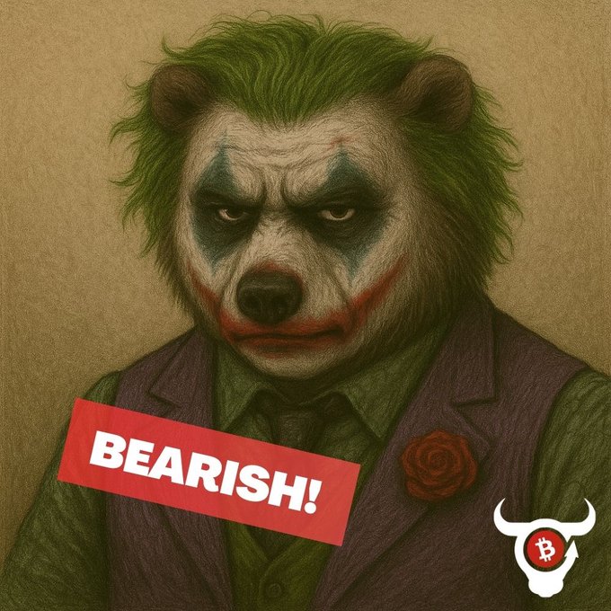 An artistic illustration depicts a bear-like clown character resembling the Joker with a red 'BEARISH!' banner overlaid and a Bitcoin-themed bull skull logo in the corner.
