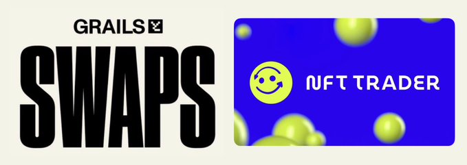 A graphic displaying the text "GRAILS SWAPS" in bold black letters on a cream background, alongside a purple card reading "NFT TRADER" with a smiley face logo and floating yellow-green spheres.
