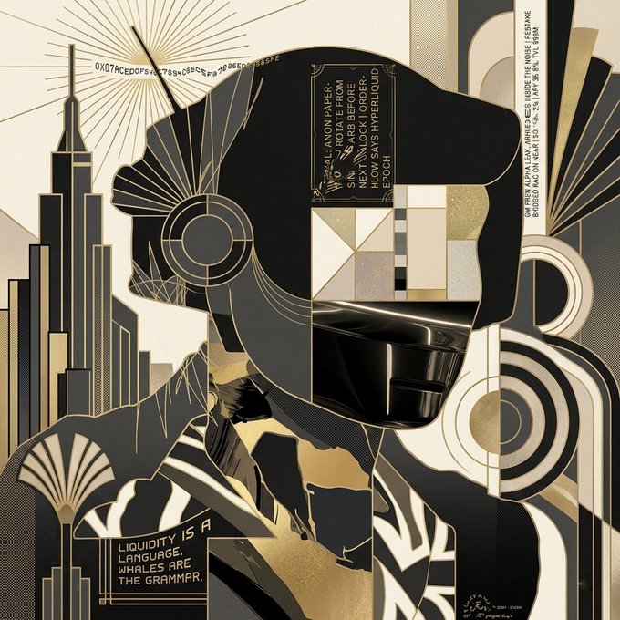 An Art Deco-style digital illustration featuring a dark silhouette wearing a futuristic visor, surrounded by geometric patterns and text including 'LIQUIDITY IS A LANGUAGE, WHALES ARE THE GRAMMAR' and '#157'.