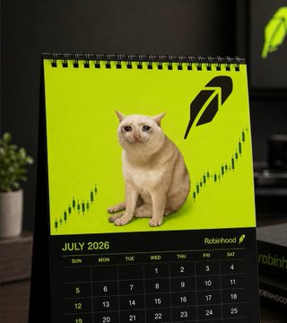 This image shows a July 2026 Robinhood calendar featuring a sad cat and a stock chart, illustrating the massive gains mentioned in the accompanying post.