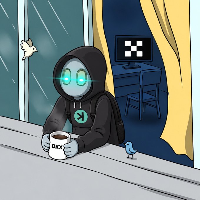 A hooded robot character with glowing cyan eyes sits at a window holding a mug labeled "OKX," while a small blue bird perches nearby and a computer screen displaying a checkered pattern is visible in the background room. The image ties into the post's promotion of sharing a copytrading strategy through a new Telegram channel, using the robot and bird (symbols of automated trading and social communication) alongside the OKX-branded mug to reinforce the crypto exchange partnership.