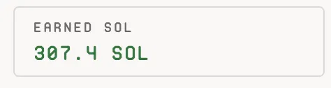 The image displays a metric showing "EARNED SOL" with a total of "307.4 SOL," which illustrates the lifetime fee earnings referenced in the post about accumulating SOL through trading volume on @nfwdotfun.