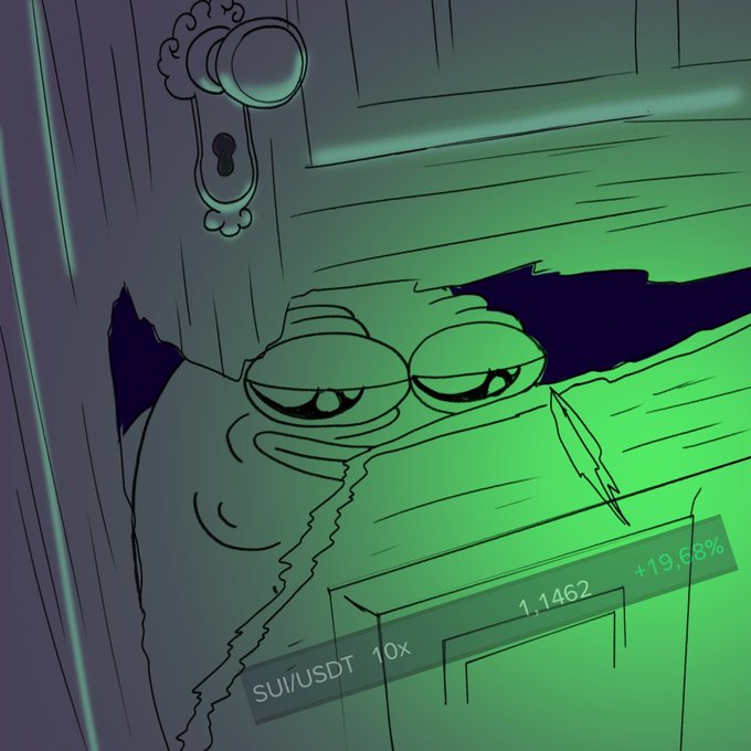 A Pepe the Frog cartoon illustration shows the character peeking through a broken door, with a SUI/USDT perpetual trading chart below showing a price of 1.1462 and a +19.68% gain.