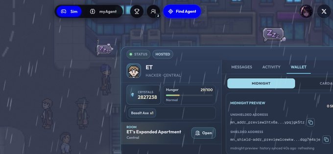 A screenshot of a pixel art game interface showing a character profile for 'ET', displaying 2827238 crystals, a hosted status, and wallet information with a 'midnight preview' unshielded address.