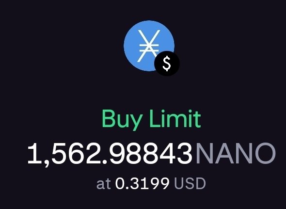 Trading app confirmation screen displaying "Buy Limit 1,562.98843 NANO at 0.3199 USD" with the XRP/NANO logo above.