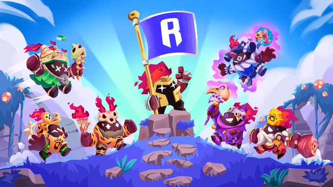 Colorful cartoon game artwork showing various pirate-like characters with an 'R' flag, set in a vibrant tropical scene.