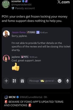 A screenshot of a Twitter/X post by scooter (@niperoxidexbt) criticizing FOMO support, including a conversation where a support agent closes a ticket.