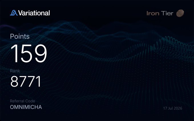 A dark dashboard screen from 'Variational' showing an 'Iron Tier' status, 'Points: 159', 'Rank: 8771', a 'Referral Code: OMNIMICHA', and a date of '17 Jul 2026' over a wavy blue digital background.