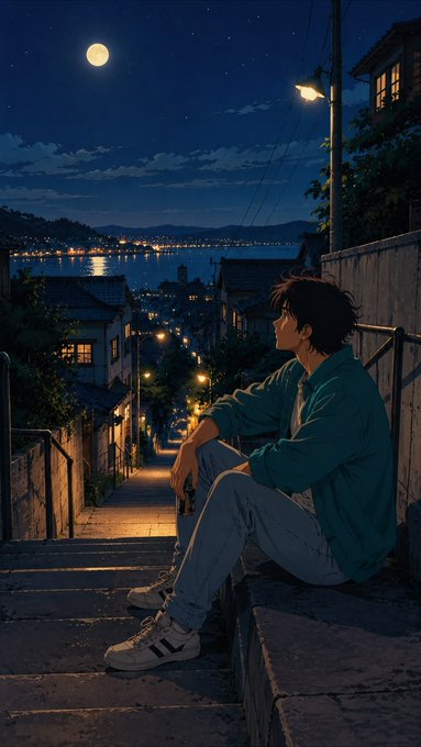 An anime-style illustration of a young man sitting on outdoor stone steps at night, looking out over a coastal town under a full moon, illuminated by a nearby streetlamp.