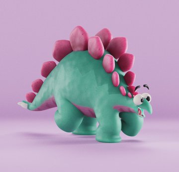 A 3D-rendered toy figure of a teal-colored dinosaur (resembling a stegosaurus) with pink plates along its back, set against a light purple background.