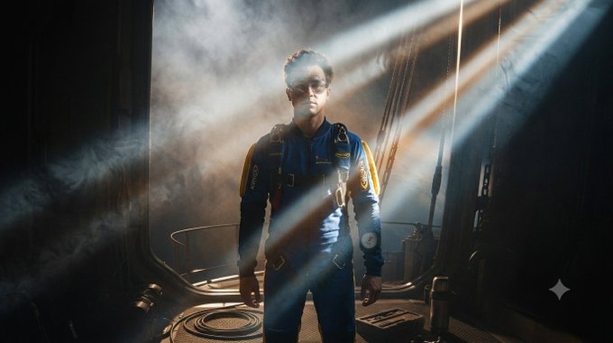 A person in a blue and yellow spacesuit stands in a dimly lit industrial setting, illuminated by dramatic diagonal shafts of light cutting through smoke.