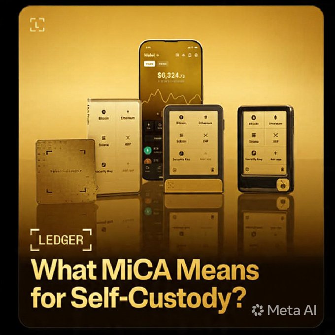 A Ledger advertisement with a gold/yellow theme showcasing hardware wallets and the text 'LEDGER — What MiCA Means for Self-Custody?', marked with 'Meta AI'.