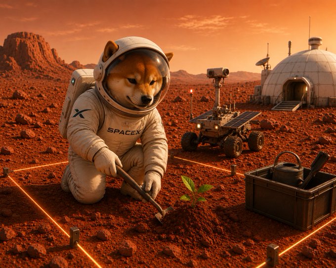 The image features a dog dressed as an astronaut, wearing a spacesuit and holding a shovel while digging into the ground. In front of the dog, there are two Mars rovers, one with a satellite dish mounted on its roof and another with a solar panel on top. The background shows a desert landscape with mountains in the distance.
