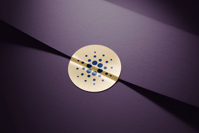 A golden circular emblem with the blue Cardano (ADA) logo rests on a textured purple surface with dramatic diagonal lighting.