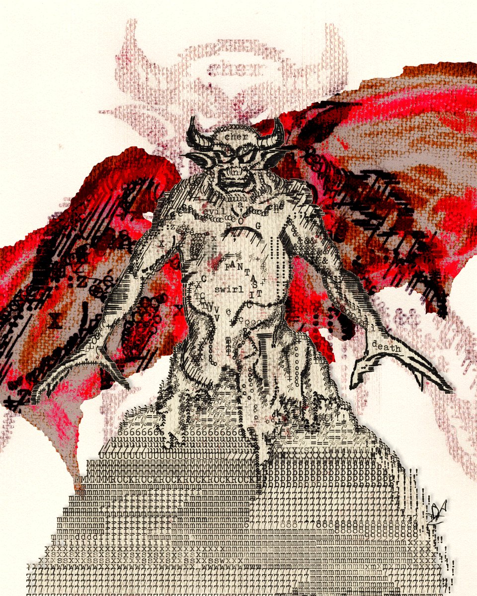 The image features a black and white illustration of a skull with horns, surrounded by red lines that create an impressionistic style. The skull appears to be carved from stone or wood, giving it a lifelike quality. The background consists of a red banner with a skull design on it, which is slightly blurred. The image also contains text in the form of a blocky font and a small logo at the bottom right corner.