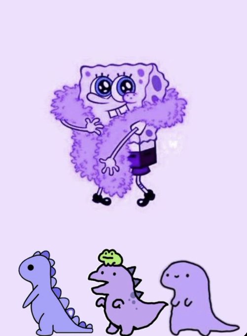 A purple-toned digital illustration of a fuzzy SpongeBob-like character holding a juice box, standing above three small cartoon dinosaurs including one with a frog on its head.