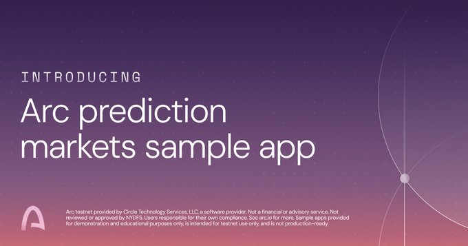 The image features a purple background with white text that reads "Introducing Arc Prediction Markets Sample App". The text is centered, making it easy to read. Below this, there's an illustration of a circle with a dot inside it, which appears to be part of the app's design or branding.