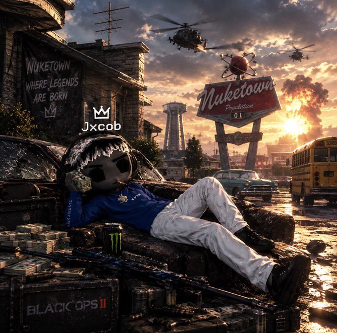 A Call of Duty Black Ops II Nuketown themed artwork showing a character wearing a skull mask and blue 'Jxcob' jersey lounging on a car surrounded by cash and weapons, with 'NUKETOWN WHERE LEGENDS ARE BORN' painted on the wall.