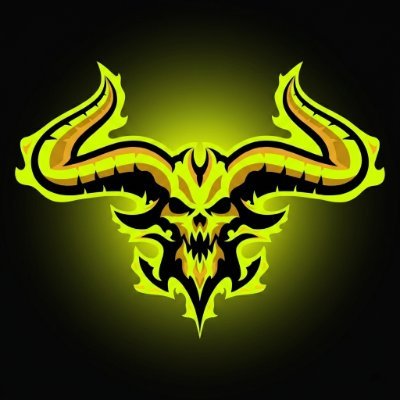 A symmetrical tribal-style emblem featuring a horned skull design in yellow and gold tones against a dark, glowing background.