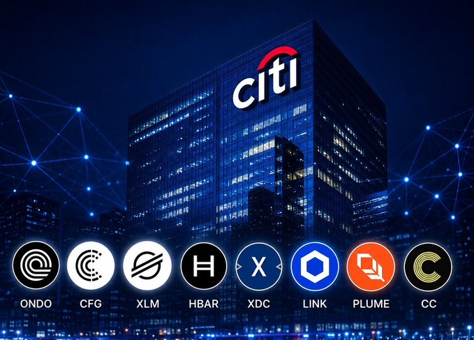 The image features a large building with the Citigroup logo, surrounded by blue lights that represent the internet. The text "BREAKING: Citigroup is launching tokenized securities for private companies. Traditional finance is embracing blockchain" is displayed above the building. Below the building, there are eight different logos representing various cryptocurrency tokens such as COGS, XLM, HBAAR, XDC, LINK, PLUME, CC, and RWA. The text "focus on what is in the image and how it relates to the post" suggests that the image may be used for promotional purposes or to highlight a specific event related to cryptocurrency tokenization.