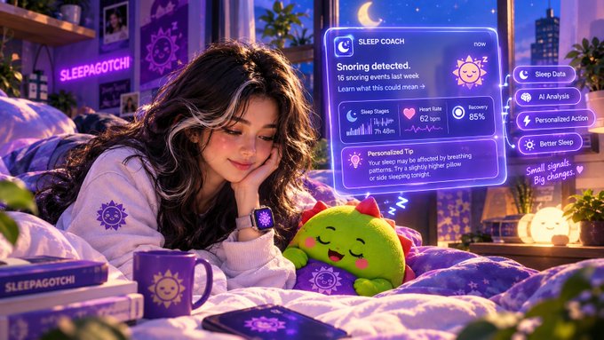 A vibrant digital illustration shows a girl in bed interacting with a 'Sleepagotchi' AI 'Sleep Coach' that displays personalized tips and sleep data, alongside a green creature plushie.