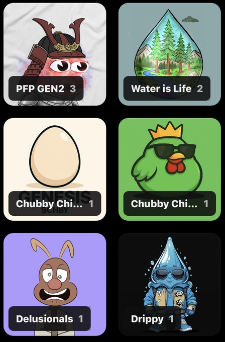 A grid of six cryptocurrency NFT collection thumbnails labeled "PFP GEN2," "Water is Life 2," "Chubby Chi..." (GENESIS and green sunglasses versions), "Delusionals 1," and "Drippy 1," each with quantities displayed.