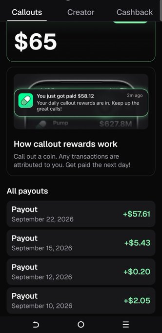 A mobile app screenshot showing a Cashback page with $65 total and a notification 'You just got paid $58.12' from a 'Pump' callout, listing payouts including +$57.61 on September 22, 2026, and +$5.43 on September 15, 2026.
