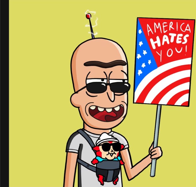 The image features a cartoon character holding up an American flag with "America Hates You" written on it, accompanied by a sign that says "10 spots eth per spot (100 usd) Buy as many spots as youd like within the 10. Winner will be drawn using random number generator immediately after the last spot is claimed". The post suggests that there are ten spots available for purchase and if someone wins all of them, they can choose to buy the winning spot for 100 US dollars.